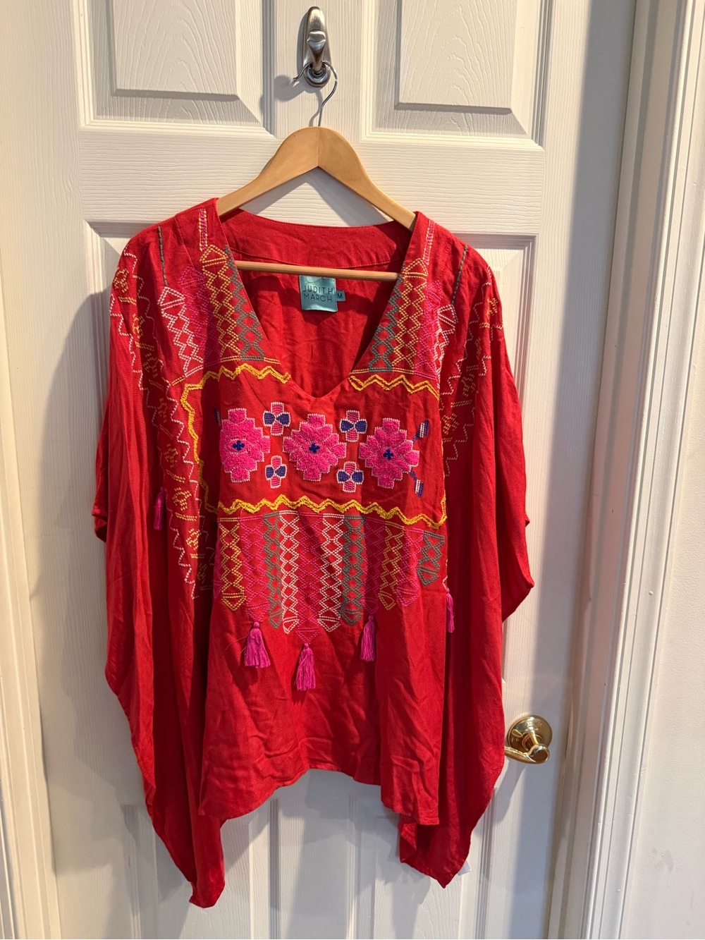 Judith March Red Embroidered Boho Tunic/Poncho Style Top with Pink Tassels